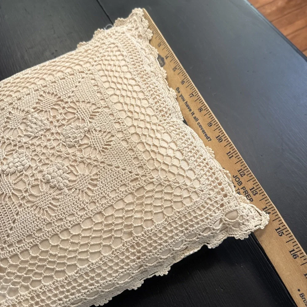 Crocheted  Throw Pillow Cream Boho Cottage Farmhouse Textured Decor 15x15